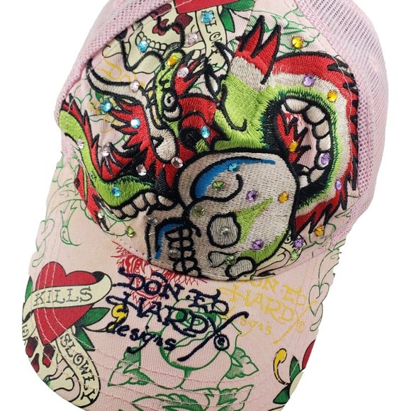 VTG Ed Hardy Snapback Trucker Hat Love Kills Slowly Skull Bird Roses Rhinestones - Picture 1 of 6